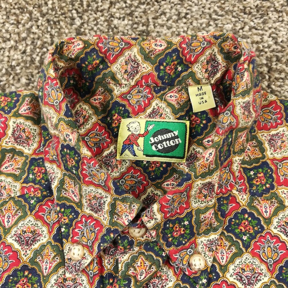 Vintage Johnny Cotton Shirt Floral Long Sleeve Button Down Mens Medium